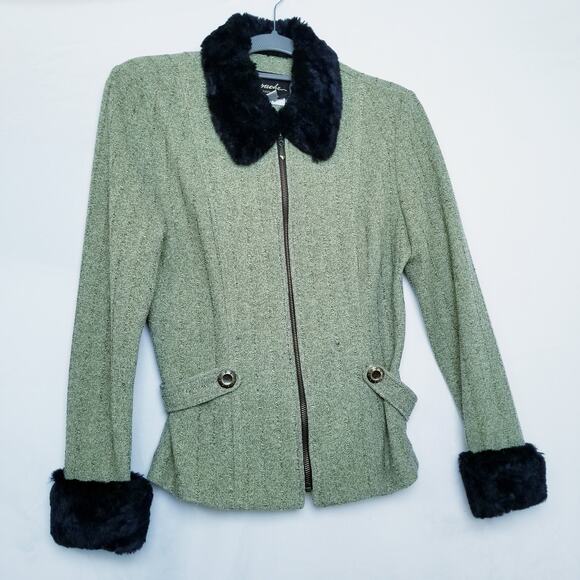 Farouche Women's Green Zip Front Sweater Jacket Fur Trim Neck & Sleeves Size 6 - Picture 1 of 9